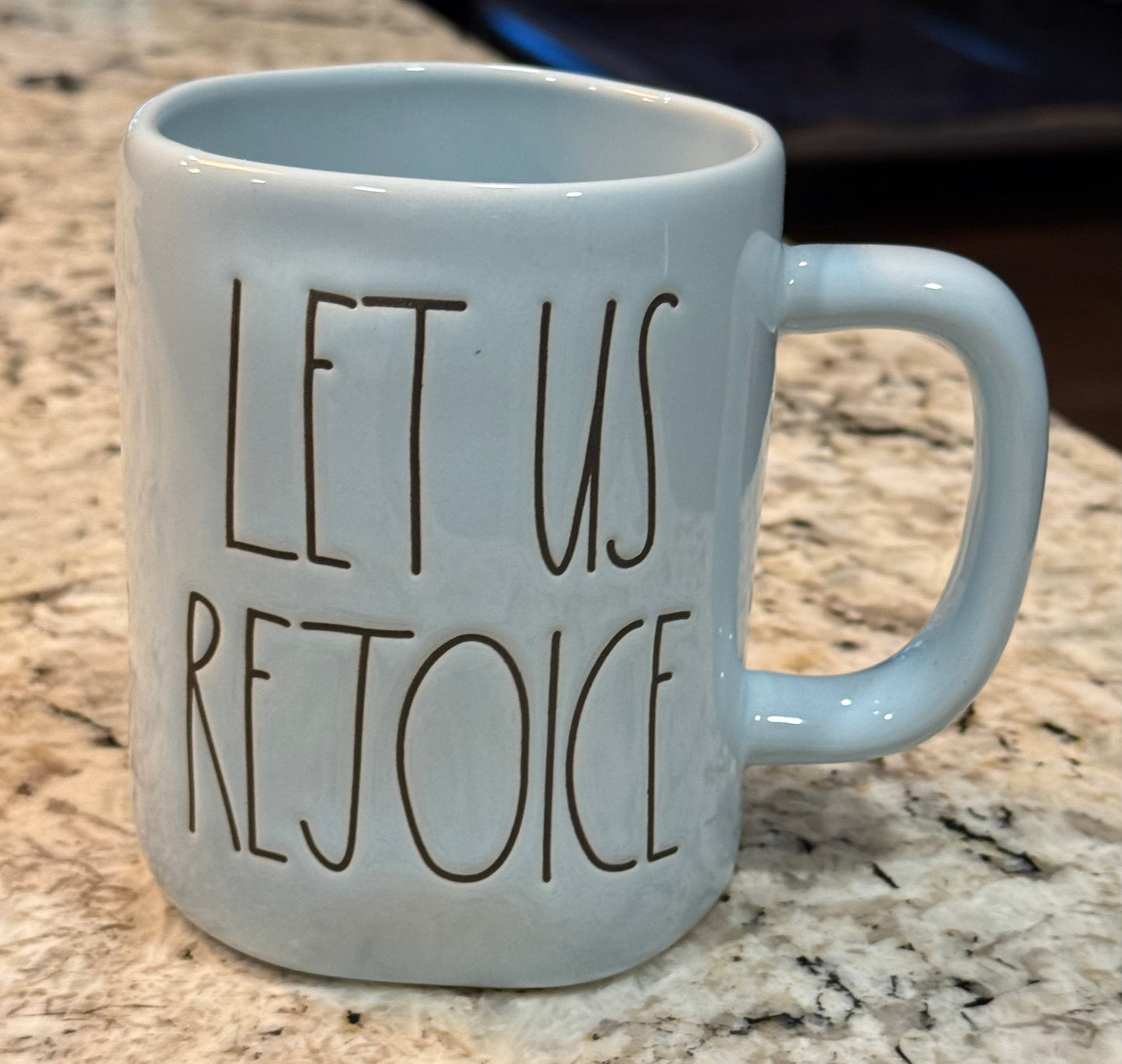 New Rae Dunn blue ceramic coffee mug LET US REJOICE