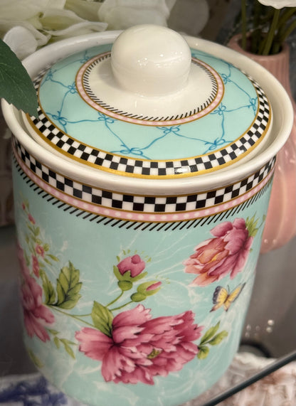 New 5” floral ceramic checkered design storage container