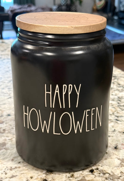 New Rae Dunn black ceramic Halloween decor HAPPY HOWLOWEEN storage canister