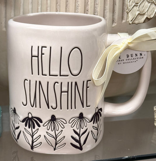 New Rae Dunn white ceramic floral print coffee mug HELLO SUNSHINE