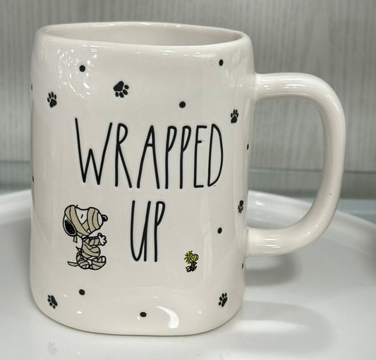 New Rae Dunn x Peanuts Snoopy ceramic coffee mug WRAPPED UP mummy