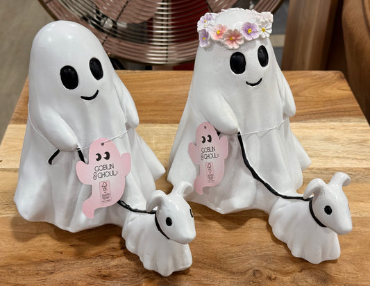New 2-piece resin Mr. & Mrs. Ghost walking dog resin couple Halloween decor