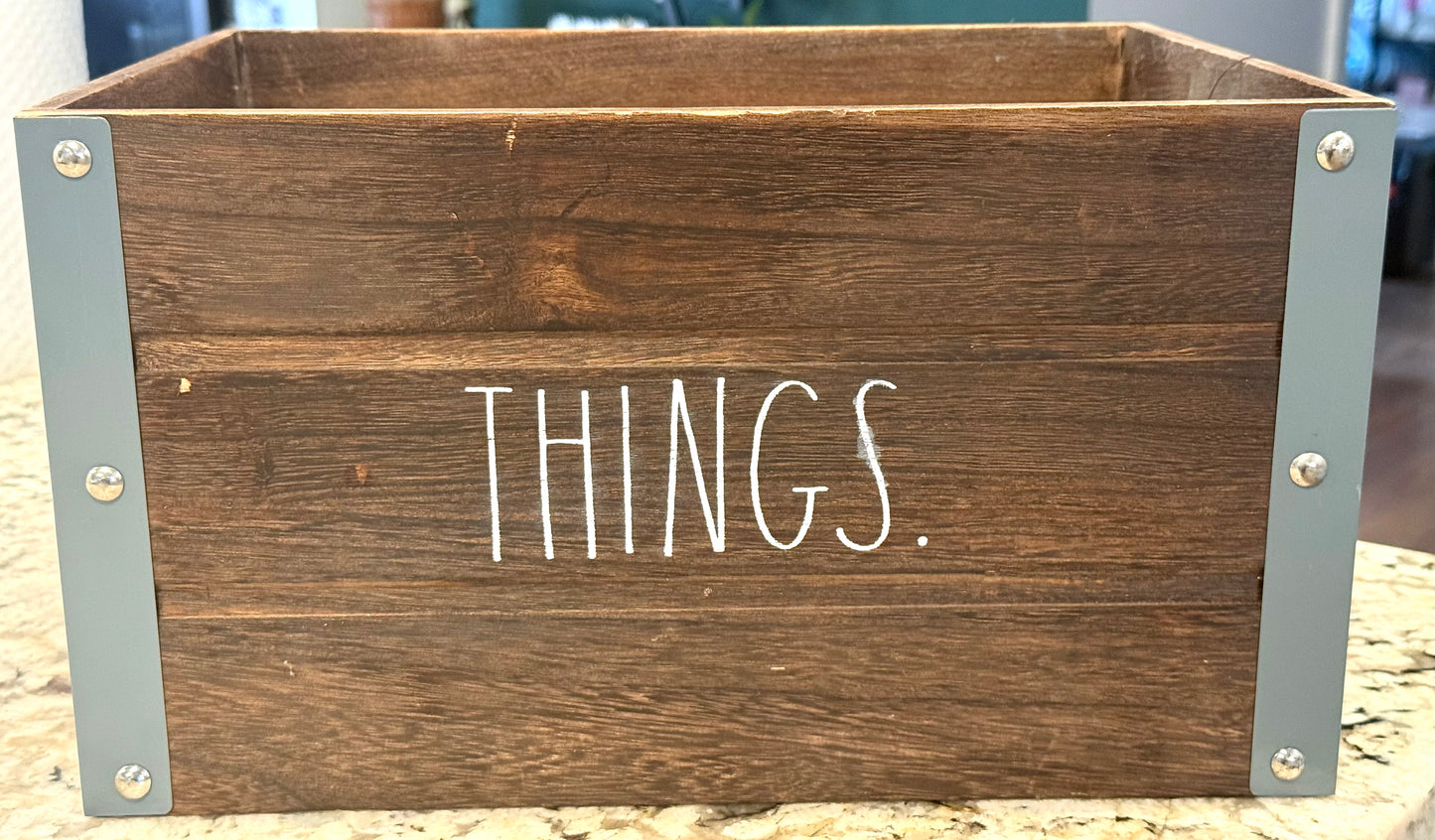 Rae Dunn brown wood storage box with metal trim THINGS 14x11x8