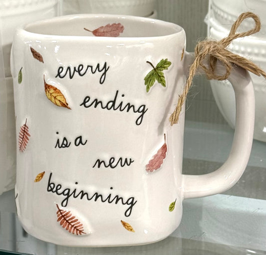 New Rae Dunn white ceramic coffee mug EVERY ENDING IS A NEW BEGINNING
