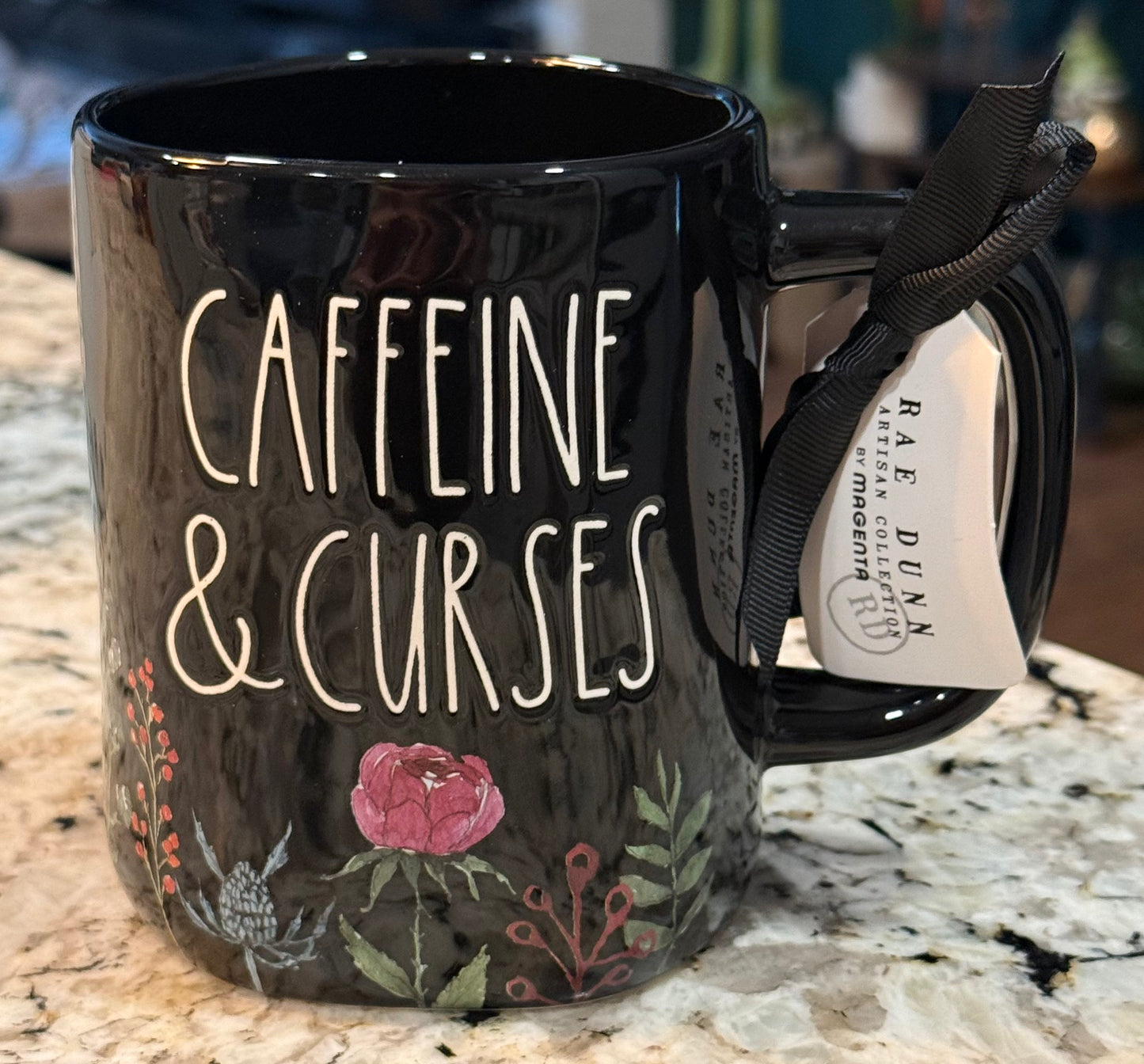 New Rae Dunn black iridescent ceramic Halloween coffee mug CAFFINE & CURSES
