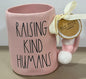 New Rae Dunn pink ceramic coffee mug with poms RAISING KIND HUMANS
