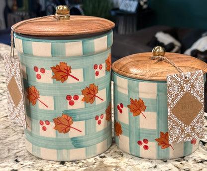New 2-piece 8” & 5.25” ceramic fall teal & orange leaf printer Made in India Canister set