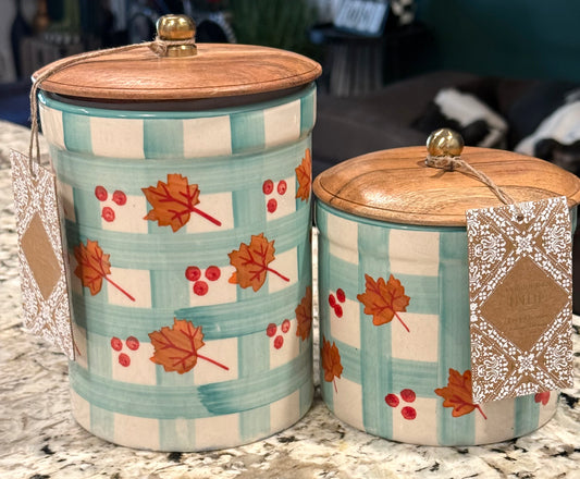 New 2-piece 8” & 5.25” ceramic fall teal & orange leaf printer Made in India Canister set