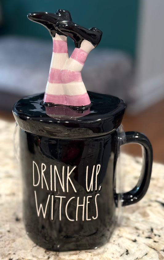 New Rae Dunn black ceramic coffee mug with with legs topper DRINK UP, WITCHES