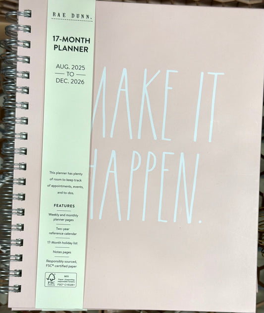New Rae Dunn 2025/2026 Planner pink MAKE IT HAPPEN white writing, spiral hardback