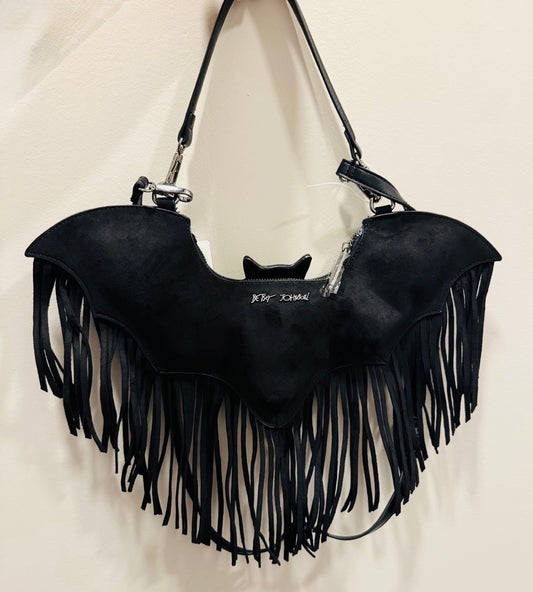 New Betsy Johnson black fringed suede Halloween bat purse