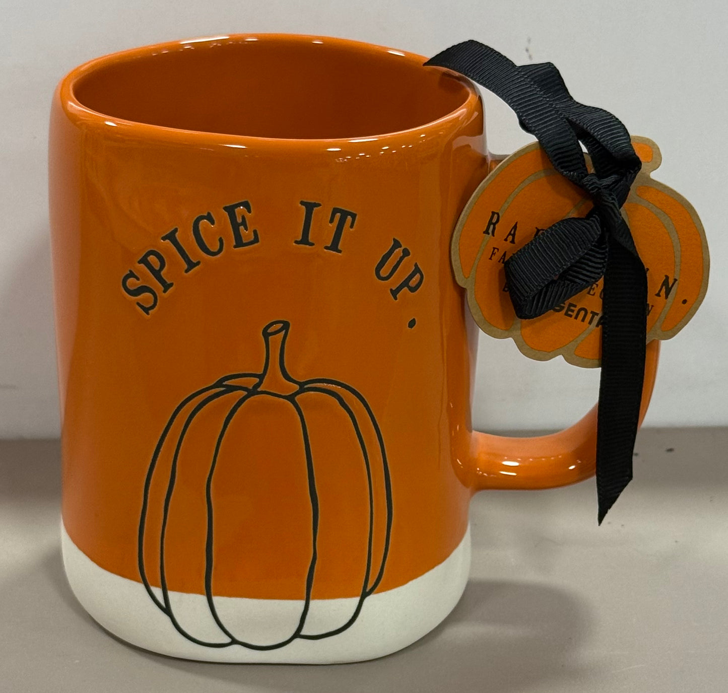 New Rae Dunn orange ceramic pumpkin coffee mug SPICE IT UP.