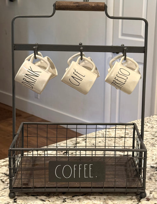 New Rae Dunn 7-piece espresso mug and metal storage caddy set COFFEE