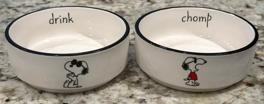 New Rae Dunn x Peanuts Snoopy 2-piece ceramic pet bowl set CHOMP/DRINK
