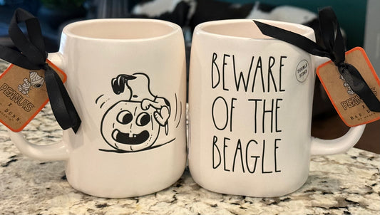 New Rae Dunn x Peanuts Snoopy white ceramic coffee mug BEWARE OF THE BEAGLE