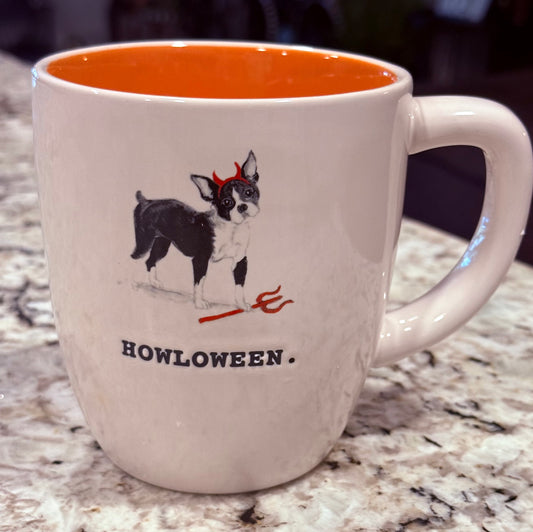 New Rae Dunn white  ceramic frenchie Halloween coffee mug HOWLOWEEN.