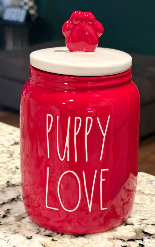 New Rae Dunn red ceramic heart topped canister PUPPY LOVE