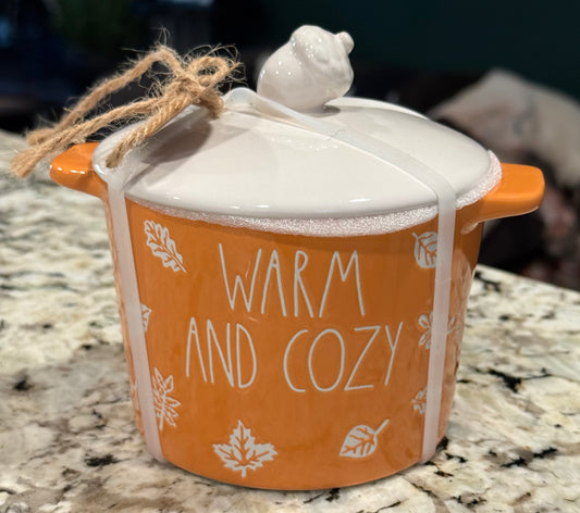 New Rae Dunn orange ceramic fall decor baking dish WARM AND COZY-Acorn topped