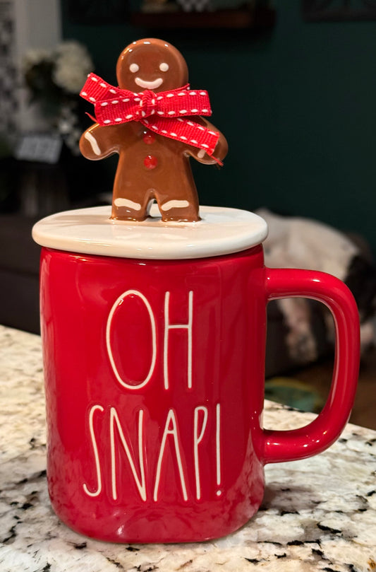 New Rae Dunn red ceramic coffee mug gingerbread topped OH SNAP