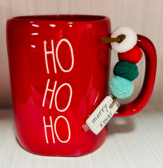 New Rae Dunn red ceramic Christmas mug with charm HO HO HO