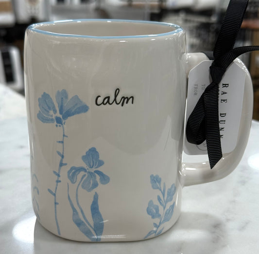 New Rae Dunn white ceramic coffee mug blue floral CALM