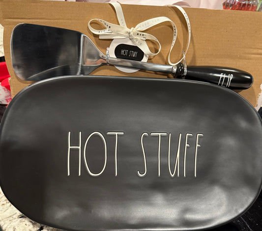 New Rae Dunn black ceramic HOT STUFF platter & FLIP spatula set