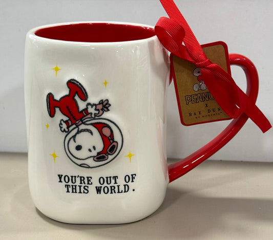 New Rae Dunn x Peanuts Snoopy Valentine’s Day heart handled coffee mug red interior YOU’RE OUT OF THIS WORLD
