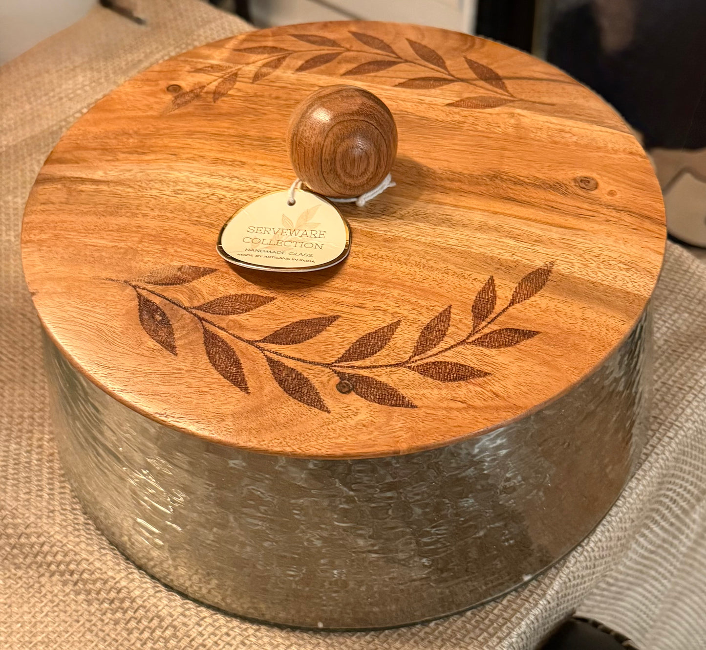 New Made in India 10” glass storage cake holder with floral wood top