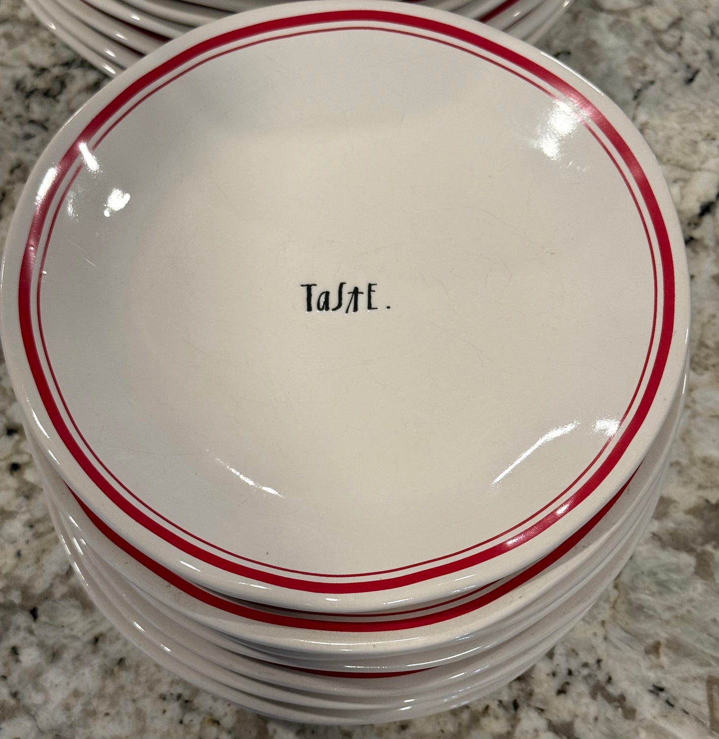 Rae Dunn red line gently used ceramic 4 piece salad plate set TASTE 8”