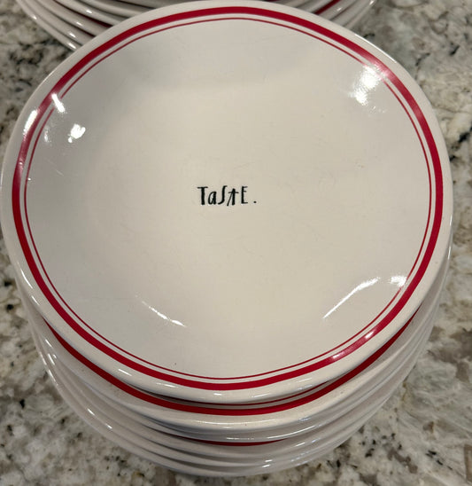 Rae Dunn red line gently used ceramic 4 piece salad plate set TASTE 8”