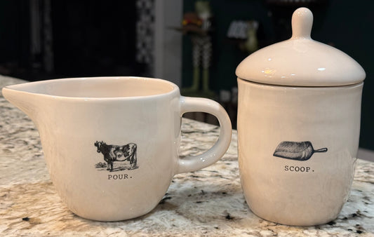 Rae Dunn white ceramic original icon line POUR & SCOOP 2-piece sugar & creamer set