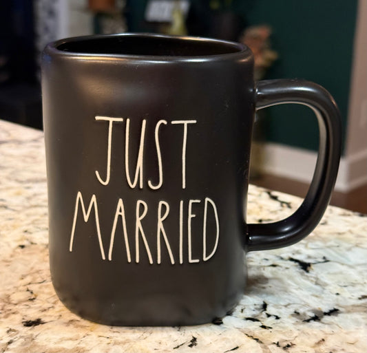 New Rae Dunn matte black ceramic coffee mug JUST MARRIED