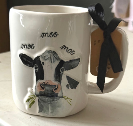 New Rae Dunn white ceramic Farm line cow MOO MOO MOO Coffee mug