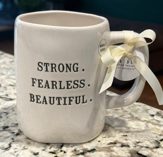 New Rae Dunn white ceramic coffee mug STRONG. FEARLESS. BEAUTIFUL