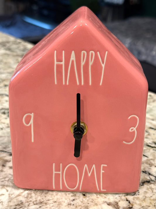 New Rae Dunn pink ceramic battery operated clock HAPPY HOME
