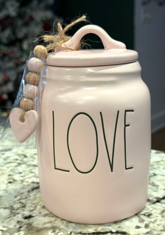 New Rae Dunn pink ceramic LOVE 6” canister with beaded decor