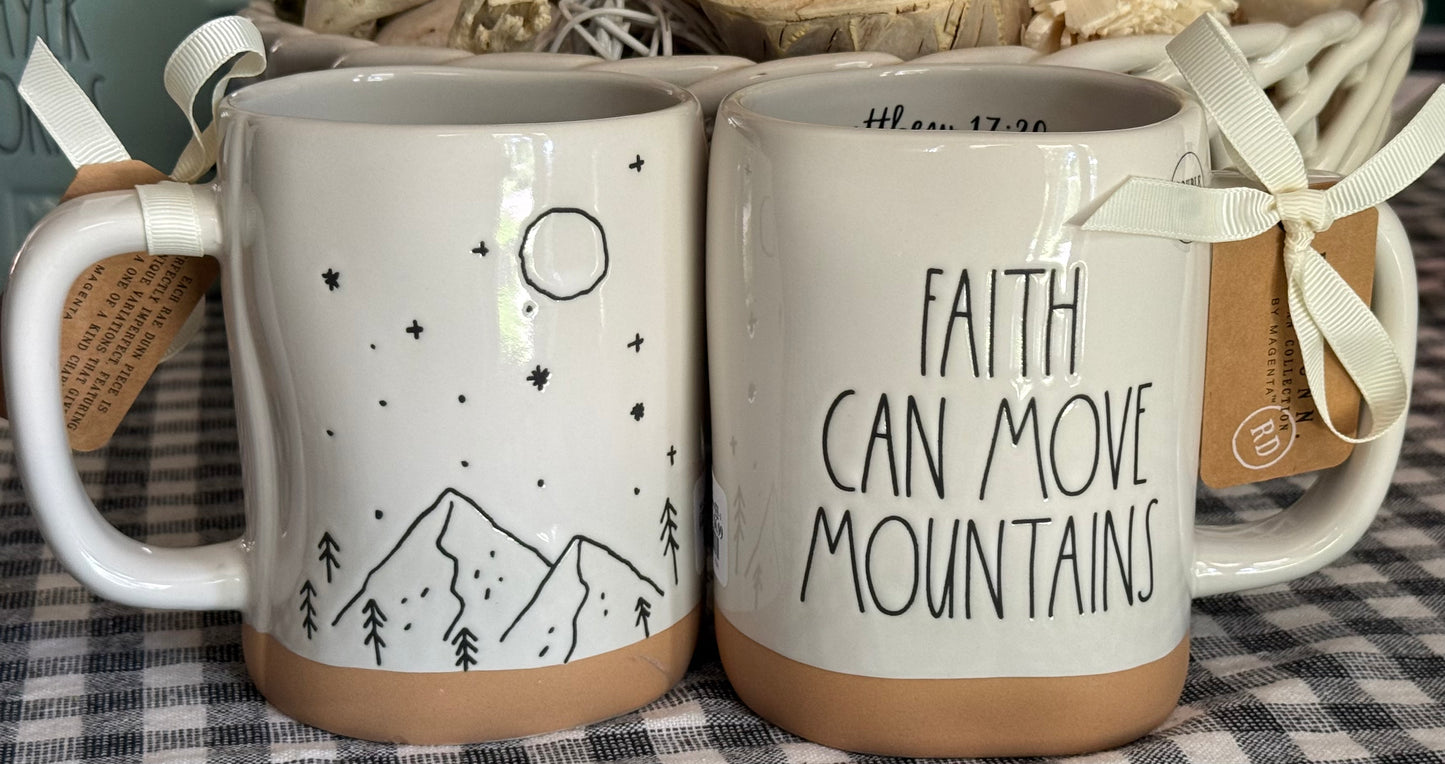 New Rae Dunn white ceramic coffee mug FAITH CAN MOVE MOUNTAINS