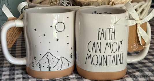 New Rae Dunn white ceramic coffee mug FAITH CAN MOVE MOUNTAINS