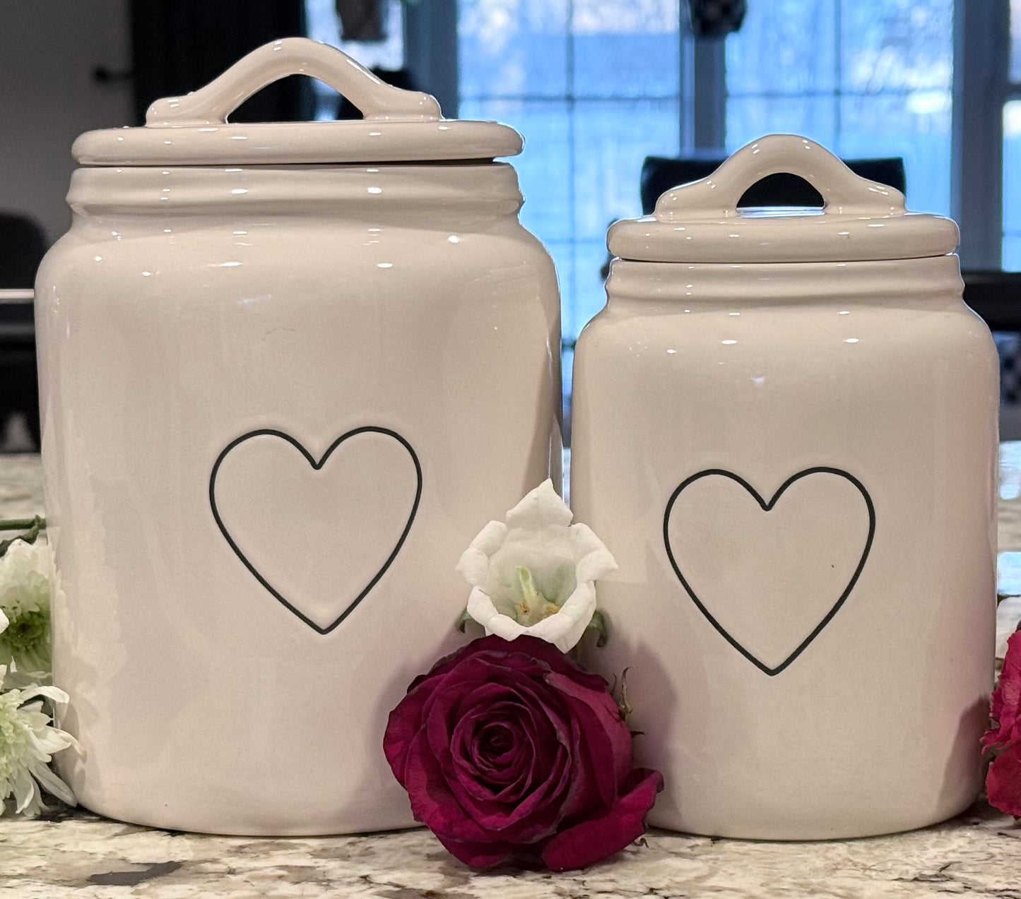 Rae Dunn white ceramic 2-piece 6 & 8”❤️ heart canister set