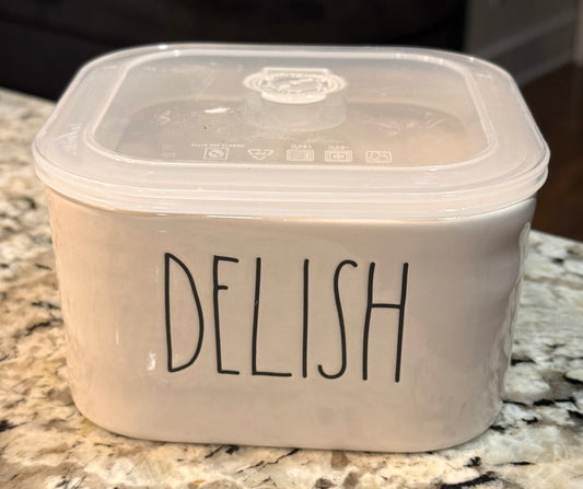Rae Dunn white ceramic vented lid food storage container DELISH