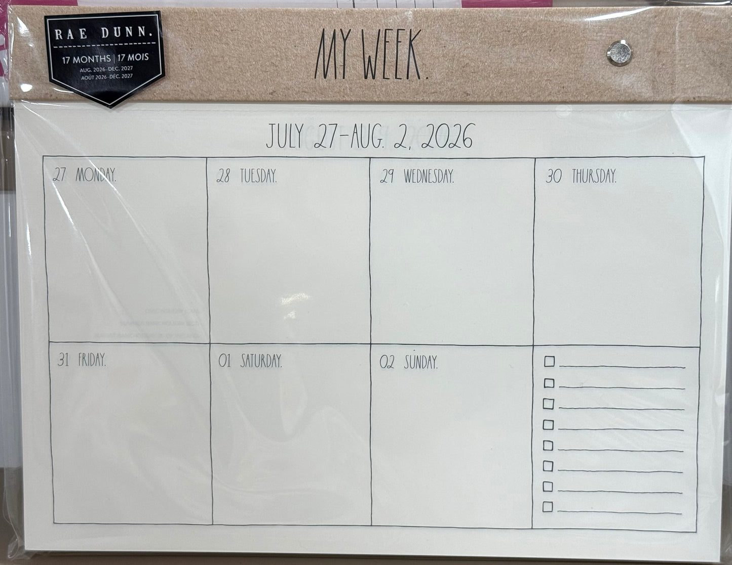 New Rae Dunn 8x10 weekly  2026-2027 gold MY WEEK tear off calendar