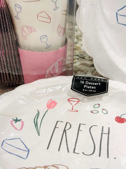 New Rae Dunn 3-piece paper dinnerware set coffee cup, 2 size plates 16 each FRESH