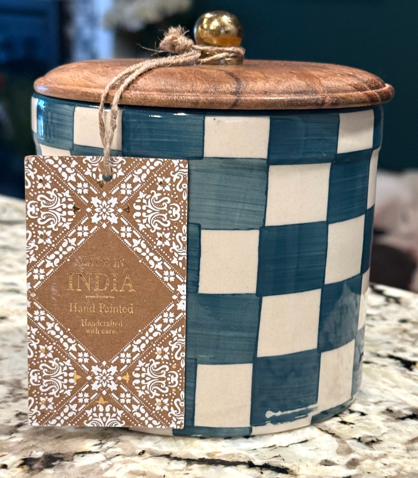 New ceramic Made in India wood lid teal checked canister 5”