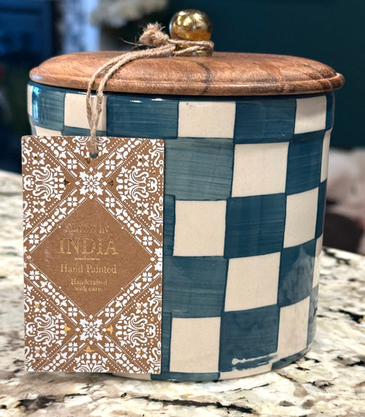 New ceramic Made in India wood lid teal checked canister 5”