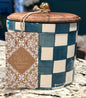 New ceramic Made in India wood lid teal checked canister 5”