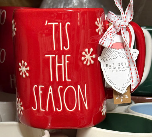 New Rae Dunn red snowflake Christmas ceramic coffee mug TIS THE SEASON