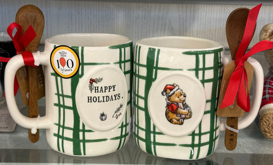 New Rae Dunn x Winnie the Pooh green plaid ceramic Christmas coffee mug with spoon HAPPY HOLIDAYS