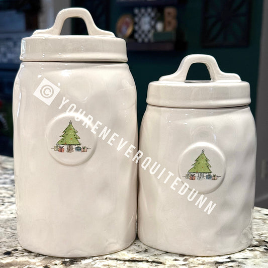 Rae Dunn retired raised Christmas Tree canister set, extra dimples in the ceramic