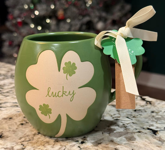 New Rae Dunn green ceramic shamrock ☘️ coffee mug LUCKY