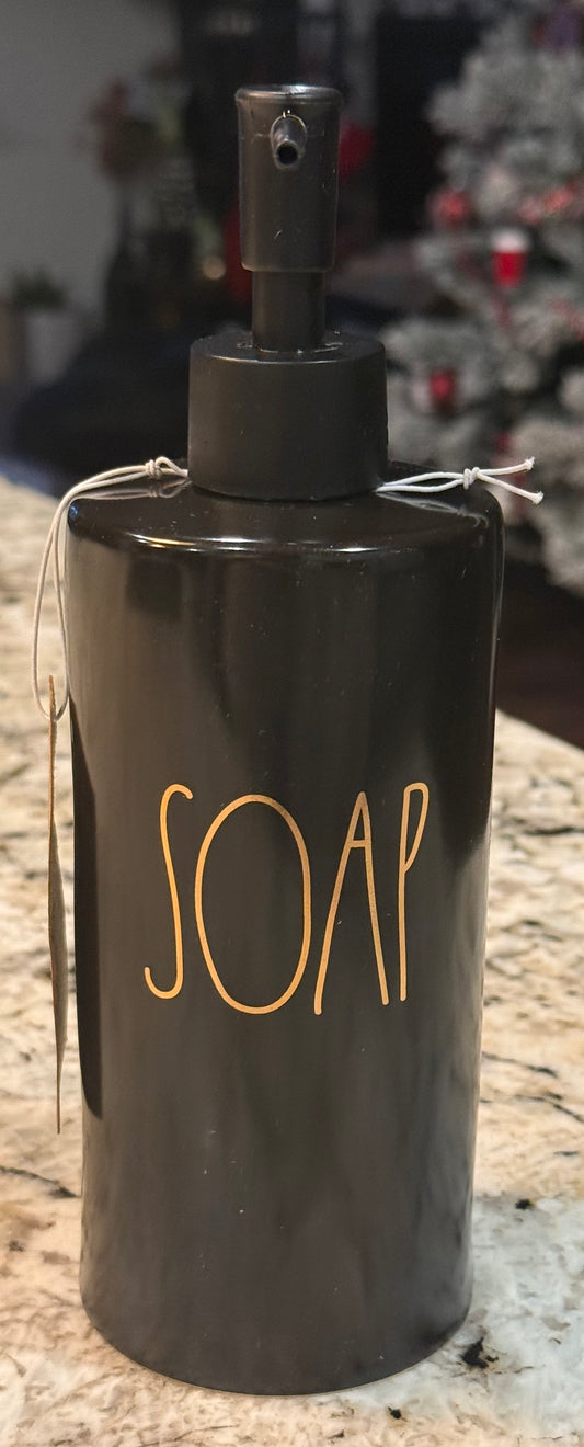 New Rae Dunn black bathroom accessory SOAP pump gold writing